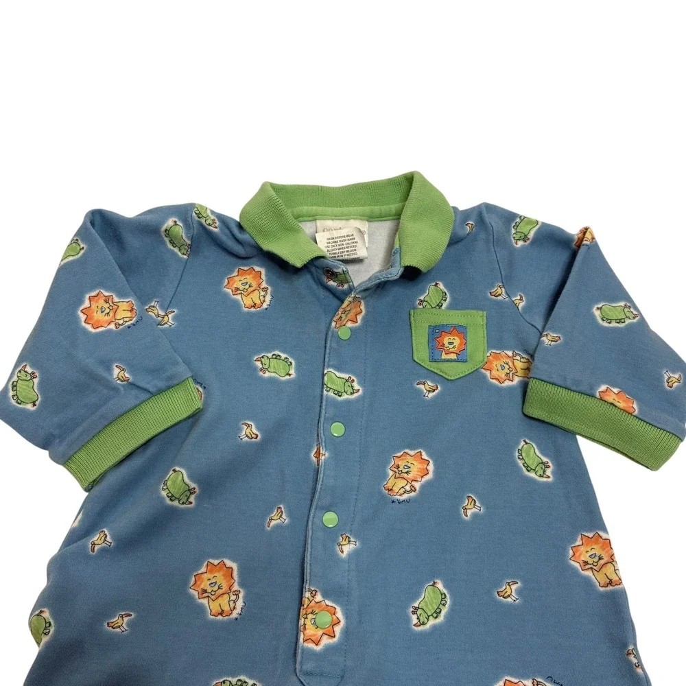 Carter's Baby 6-9M Romper Blue Vintage 2001 Lion Turtle Animal Print Snap Up